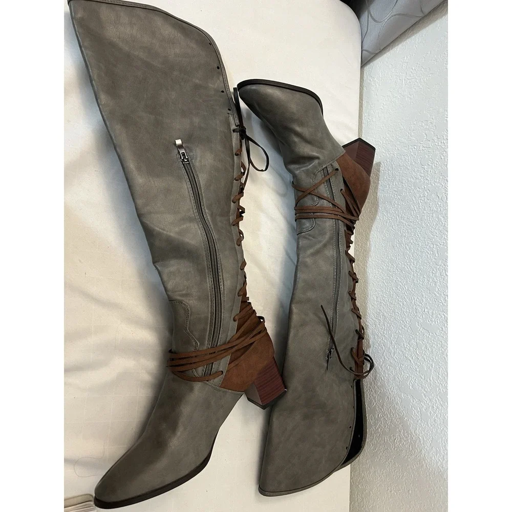 Gray Brown Boots Women EU 42 11M 11.5M Side Zip Faux Leather Over Knee Lined NEW